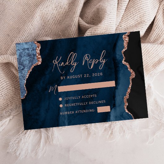Cartons Réponse Mariage écriture Rose Gold Agate Bleu Marine