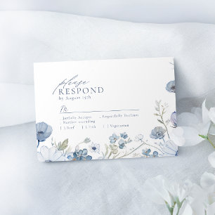 Cartons Réponse Mariage Élégant aux Fleurs Sauvages Bleu Poussiére
