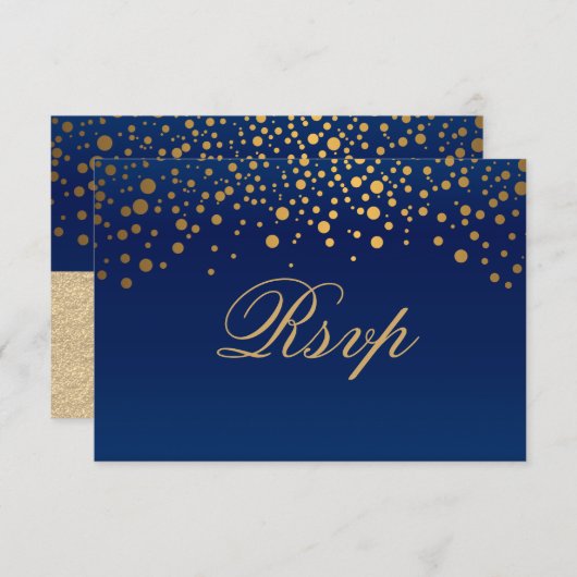 Cartons Réponse Mariage élégant bleu marine et pois or confetti (Devant / Derrière)