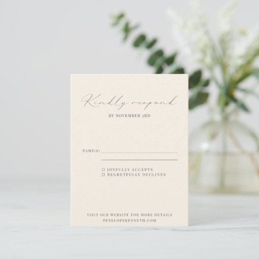Cartons Réponse Mariage Élégant Classique Noir et Blanc Script (Debout devant)
