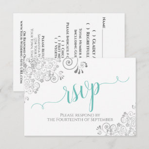 Cartons Réponse Mariage élégant écriture argent et aqua sur blanc