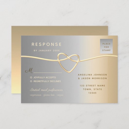 Cartons Réponse Mariage élégant en argent et en or (Devant / Derrière)