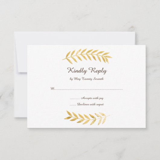 Cartons Réponse Mariage Élégant Feuilles Dorées (Devant)