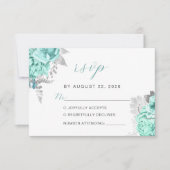 Cartons Réponse Mariage élégant floral aqua argent script (Devant)