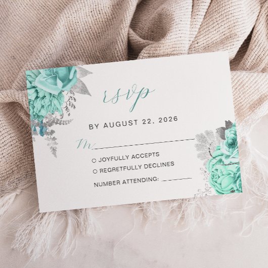 Cartons Réponse Mariage élégant floral aqua argent script