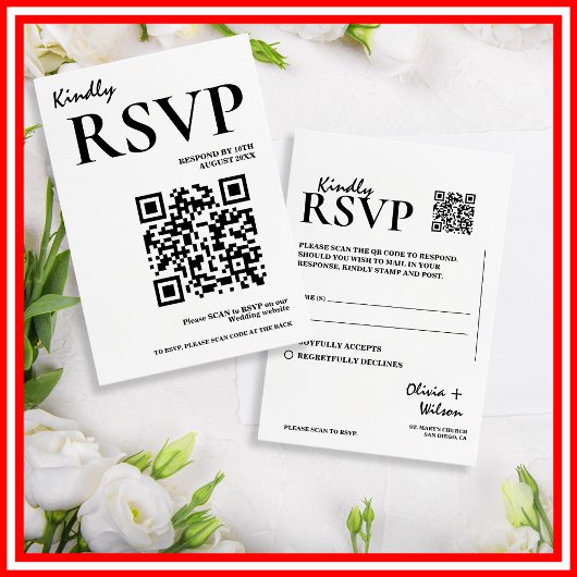 Cartons Réponse Mariage élégant moderne avec QR Code noir et blanc