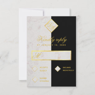 Cartons Réponse Mariage élégant Monogramme noir blanc marbre or