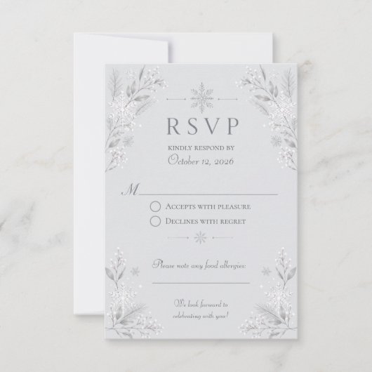Cartons Réponse Mariage Élégant Neige d'Hiver Argentée (Devant)