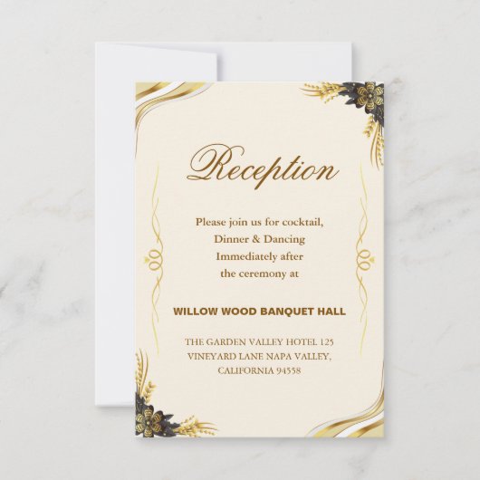 Cartons Réponse Mariage Élégant Noir & Or (Devant)