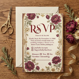 Cartons Réponse Mariage Élégant Or Vin Rouge Roses Douce Ivoire