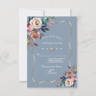 Cartons Réponse Mariage Élégant Poussiéreux Bleu Rose Floral Or