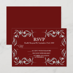 Cartons Réponse Mariage élégant rouge à motif floral argenté vinta