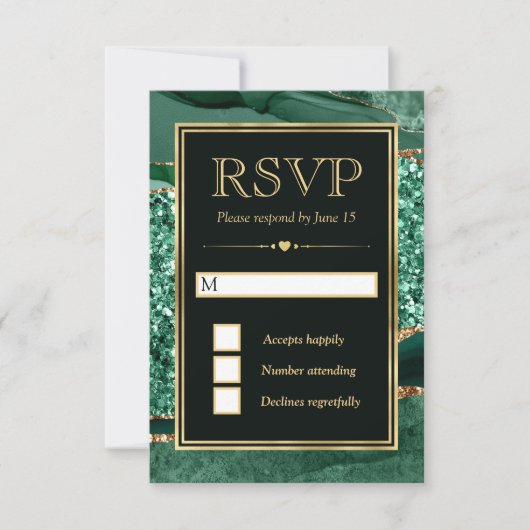 Cartons Réponse Mariage élégant vert et or paillettes d'agate (Devant)