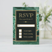 Cartons Réponse Mariage élégant vert et or paillettes d'agate (Debout devant)