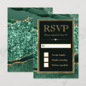 Cartons Réponse Mariage élégant vert et or paillettes d'agate (Devant / Derrière)