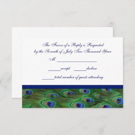 Cartons Réponse Mariage Emerald Green Royal Blue Peacock Feathers (Devant / Derrière)