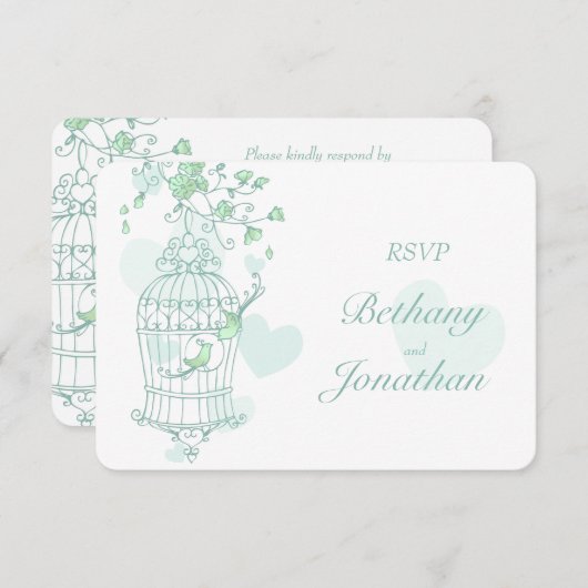Cartons Réponse Mariage en cage ouverte d'oiseaux verts Monnaie RS (Devant / Derrière)