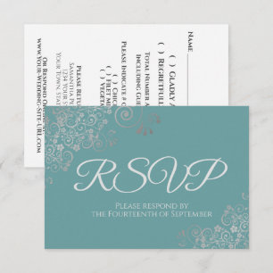 Cartons Réponse Mariage en dentelle argentée turquoise ou Turquois