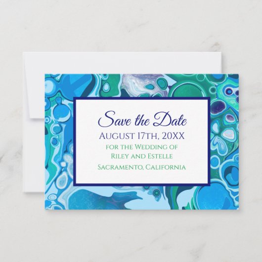 Cartons Réponse Mariage en marbre bleu et vert Enregistrer la date (Devant)