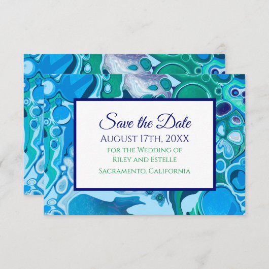 Cartons Réponse Mariage en marbre bleu et vert Enregistrer la date (Devant / Derrière)
