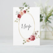 Cartons Réponse Mariage Eucalyptus aux fleurs bordeaux géométrique (Debout devant)