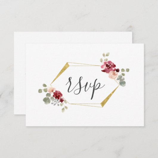 Cartons Réponse Mariage Eucalyptus aux fleurs bordeaux géométrique (Devant / Derrière)