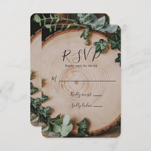 Cartons Réponse Mariage Feuillage Rustique & Tranche de Bois (Devant / Derrière)