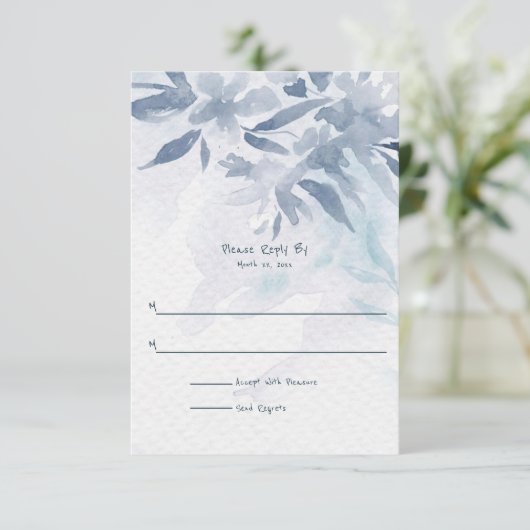 Cartons Réponse Mariage Feuille Aquarelle bleu doux (Debout devant)
