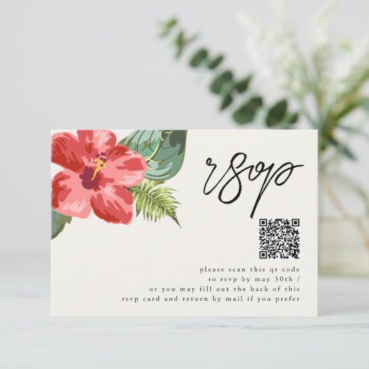 Cartons Réponse Mariage Fleur Tropicale et Code QR (Debout devant)