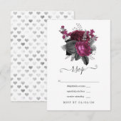 Cartons Réponse Mariage Fleural Noir et Argent Marsala (Devant / Derrière)