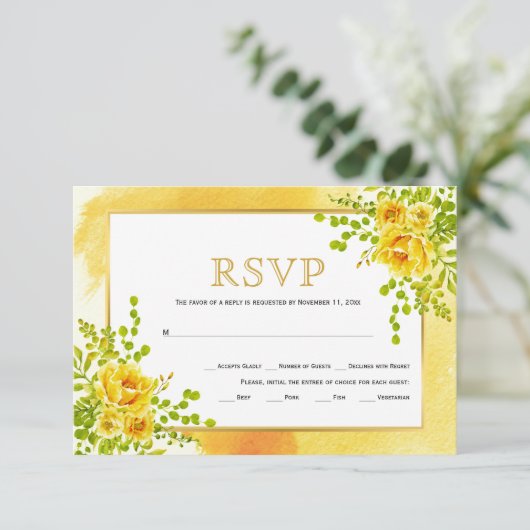 Cartons Réponse Mariage fleuri à fleurs d'aquarelle jaune (Debout devant)