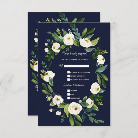 Cartons Réponse Mariage Fleurie Blanc Aquarelle Bleu Foncé Charm (Devant / Derrière)