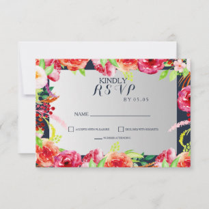 Cartons Réponse mariage fleurs aquarelle bleu marine et argent