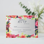 Cartons Réponse mariage fleurs aquarelle bleu marine et argent (Debout devant)