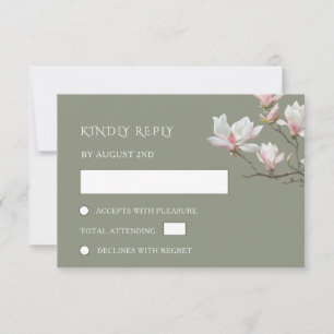 Cartons Réponse Mariage Fleurs de Magnolia Vert Sauge Beaux-Arts