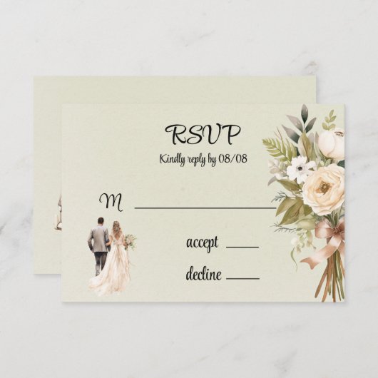 Cartons Réponse Mariage Fleurs de mariés et mariées vert clair (Devant / Derrière)