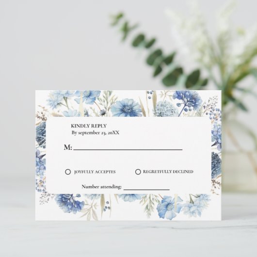 Cartons Réponse Mariage Fleurs de printemps Bleu poussiéreux Navy (Debout devant)