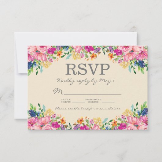 Cartons Réponse Mariage Fleurs Rose Bleu Jaune Boho (Devant)