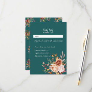 Cartons Réponse Mariage floral à l'aquarelle sarcelle et terre cui