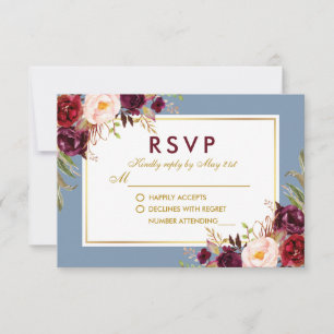 Cartons Réponse Mariage Floral Aquarelle Bourgogne Bleu Poussiéreu