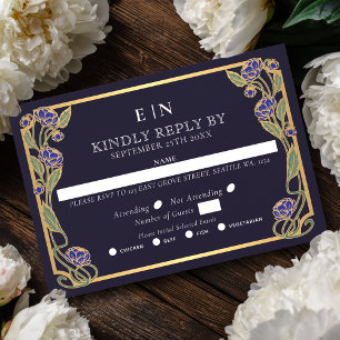 Cartons Réponse Mariage Floral Art Nouveau Élégant Bleu Pivoine