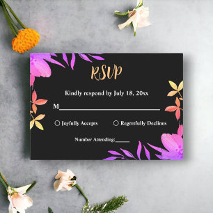 Cartons Réponse Mariage Floral aux Couleurs Néon Noir et Blanc