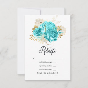 Cartons Réponse Mariage floral bleu aqua et or