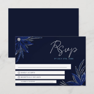 Cartons Réponse Mariage floral bleu argenté et marine