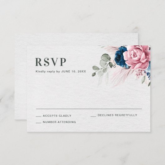 Cartons Réponse Mariage floral bleu bleu bleu pastel rose (Devant / Derrière)