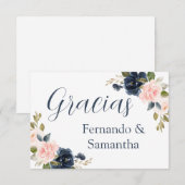 Cartons Réponse Mariage Floral bleu de la marine espagnole Merci (Devant / Derrière)