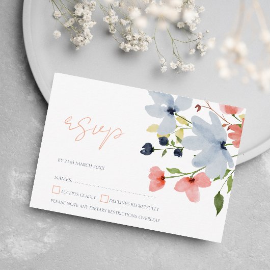 Cartons Réponse Mariage floral bleu et rose simple Boho