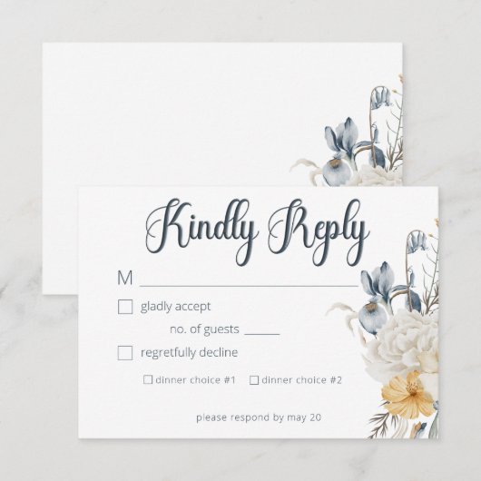 Cartons Réponse Mariage floral bleu jaune et blanc (Devant / Derrière)