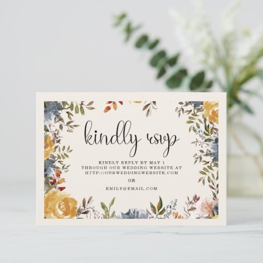 Cartons Réponse Mariage Floral Bleu Jaune Répondre (Debout devant)