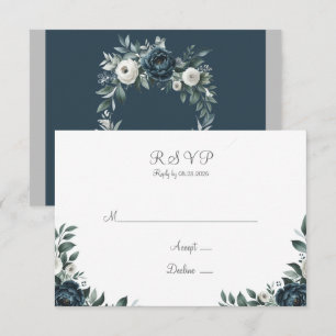 Cartons Réponse Mariage floral bleu marine et argent